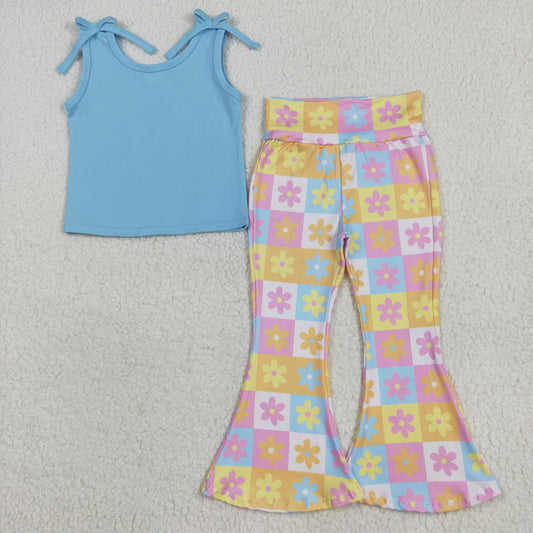 GSPO2017 Blue Top Flowers Colorful Plaid Bell Pants Girls Clothes Set