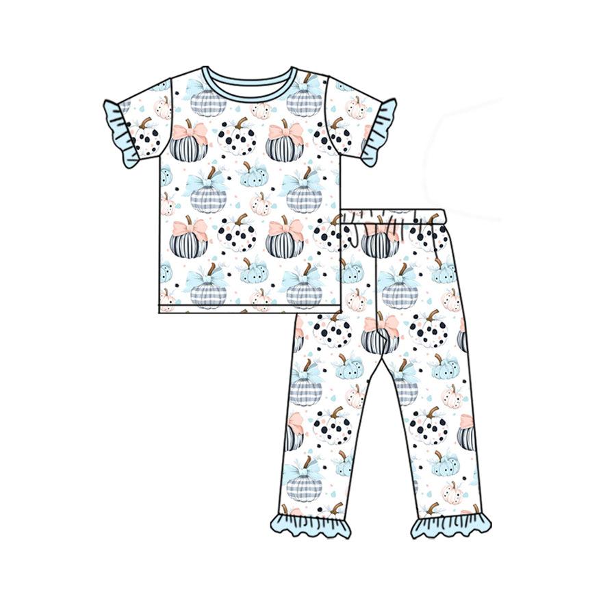 (Pre-order)GSPO2027 Pumpkin Bows Print Girls Fall Pajamas Clothes Set