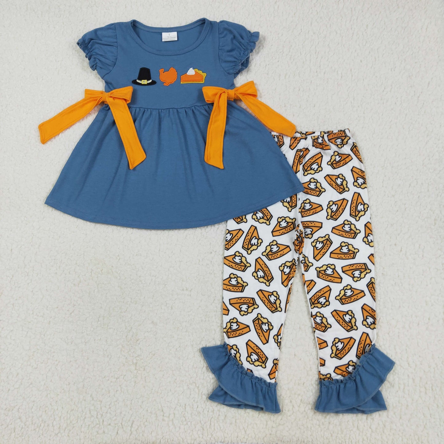 GSPO2028 Turkey Embroidery Blue Tunic Top Pie Pants Girls Thanksgiving Clothes Set