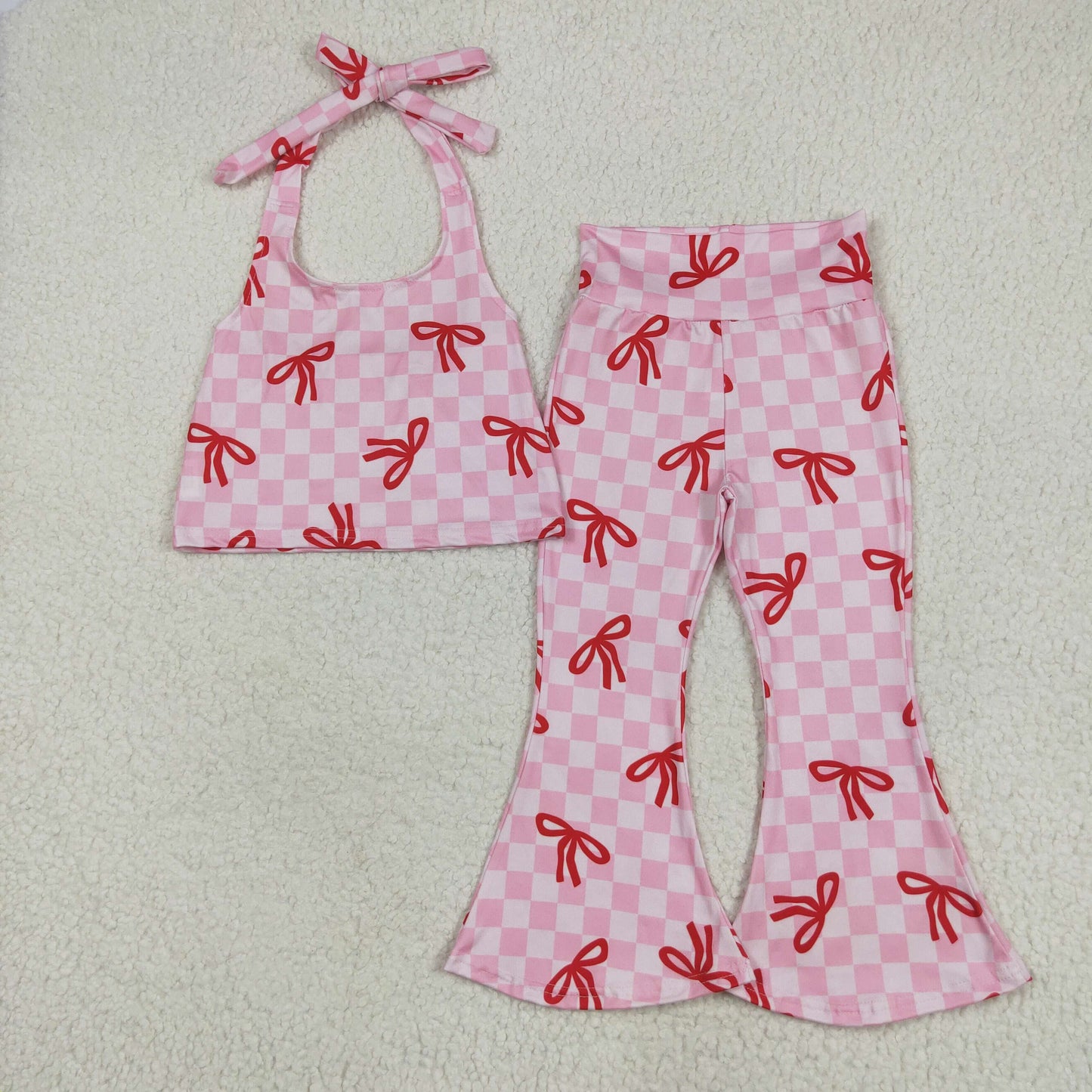 GSPO2030 Bows Pink Plaid Halter Top Bell Pants Girls Clothes Set