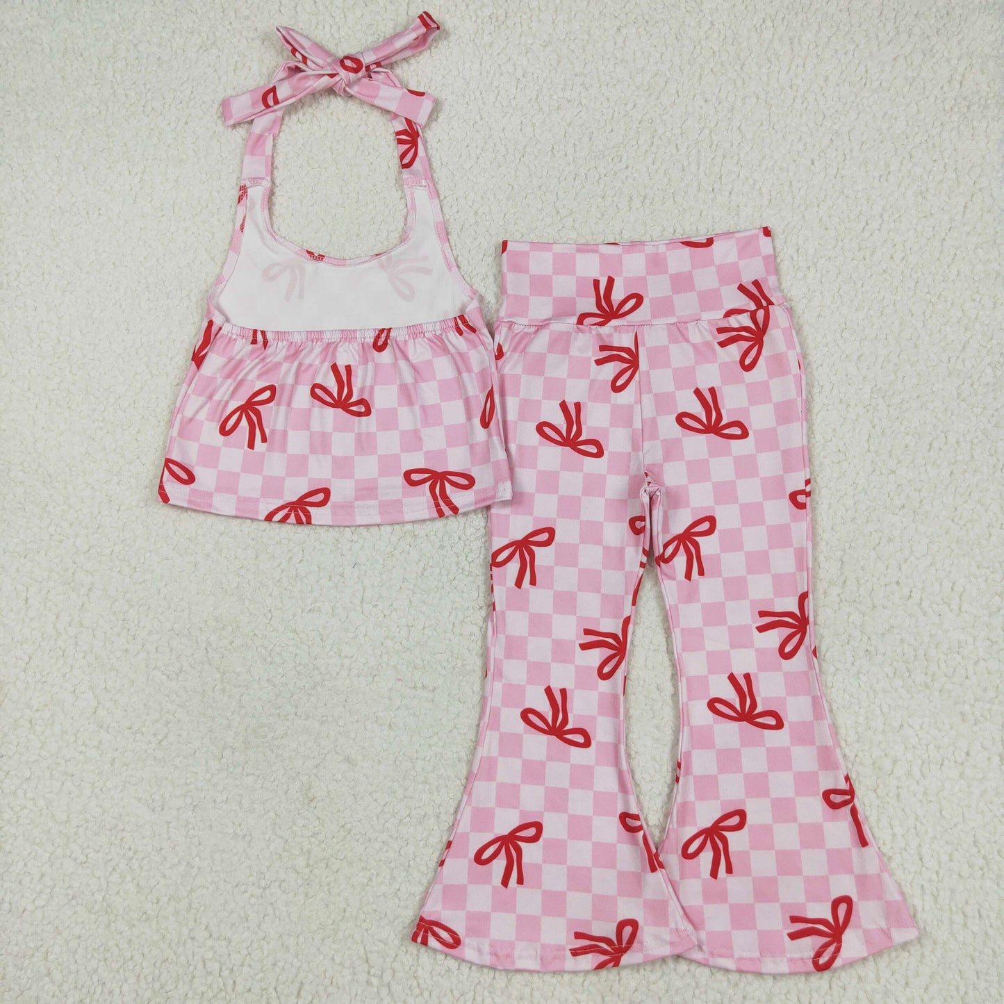 GSPO2030 Bows Pink Plaid Halter Top Bell Pants Girls Clothes Set