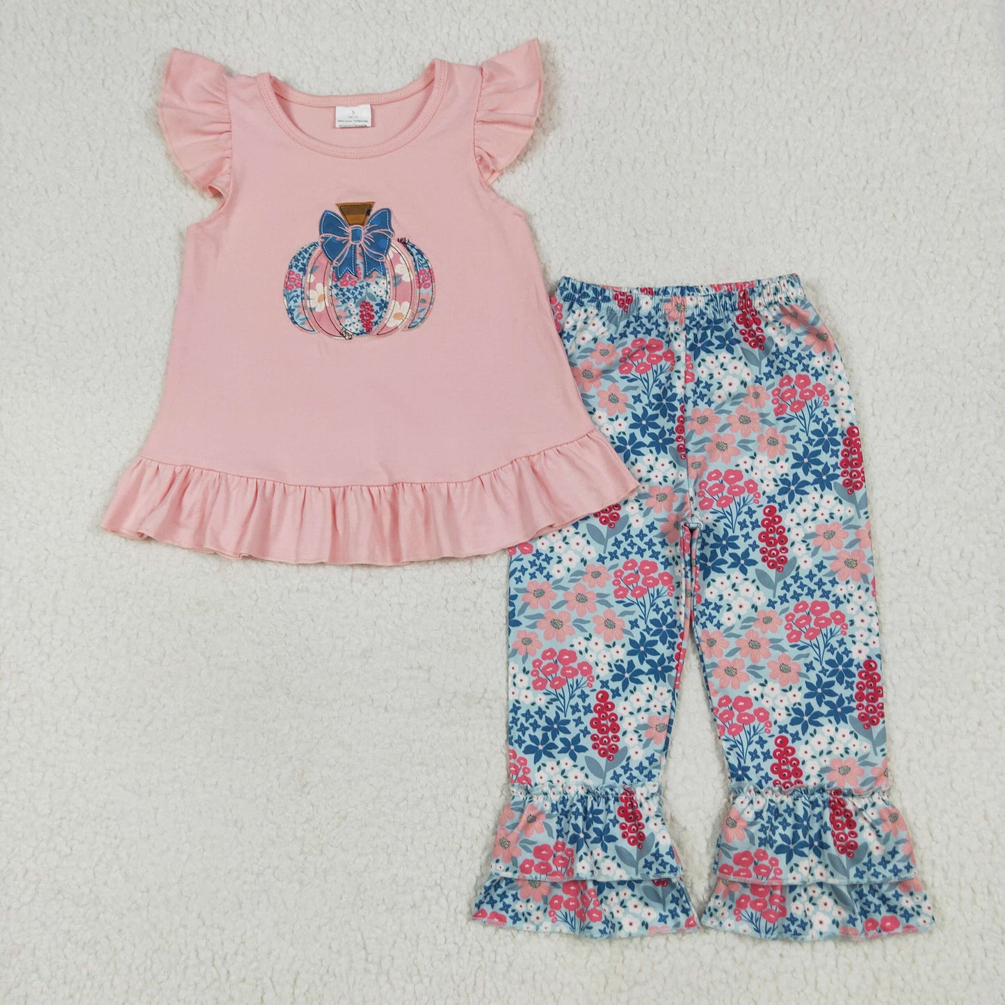 Flowers Pumpkin Bows Embroidery Pink Girls Fall Clothes Sisters Matching Wear