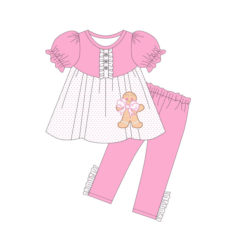 (Pre-order)GSPO2034 Gingerbread Bow Dots Tunic Top Pink Pants Girls Christmas Clothes Set