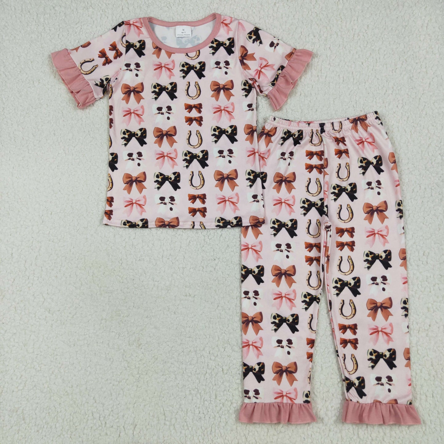 GSPO2035 Bows Pink Print Girls Western Pajamas Clothes Set