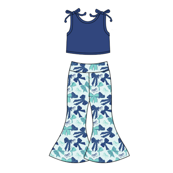 (Pre-order)GSPO2036 Navy Crop Top Bows Bell Pants Girls Clothes Set
