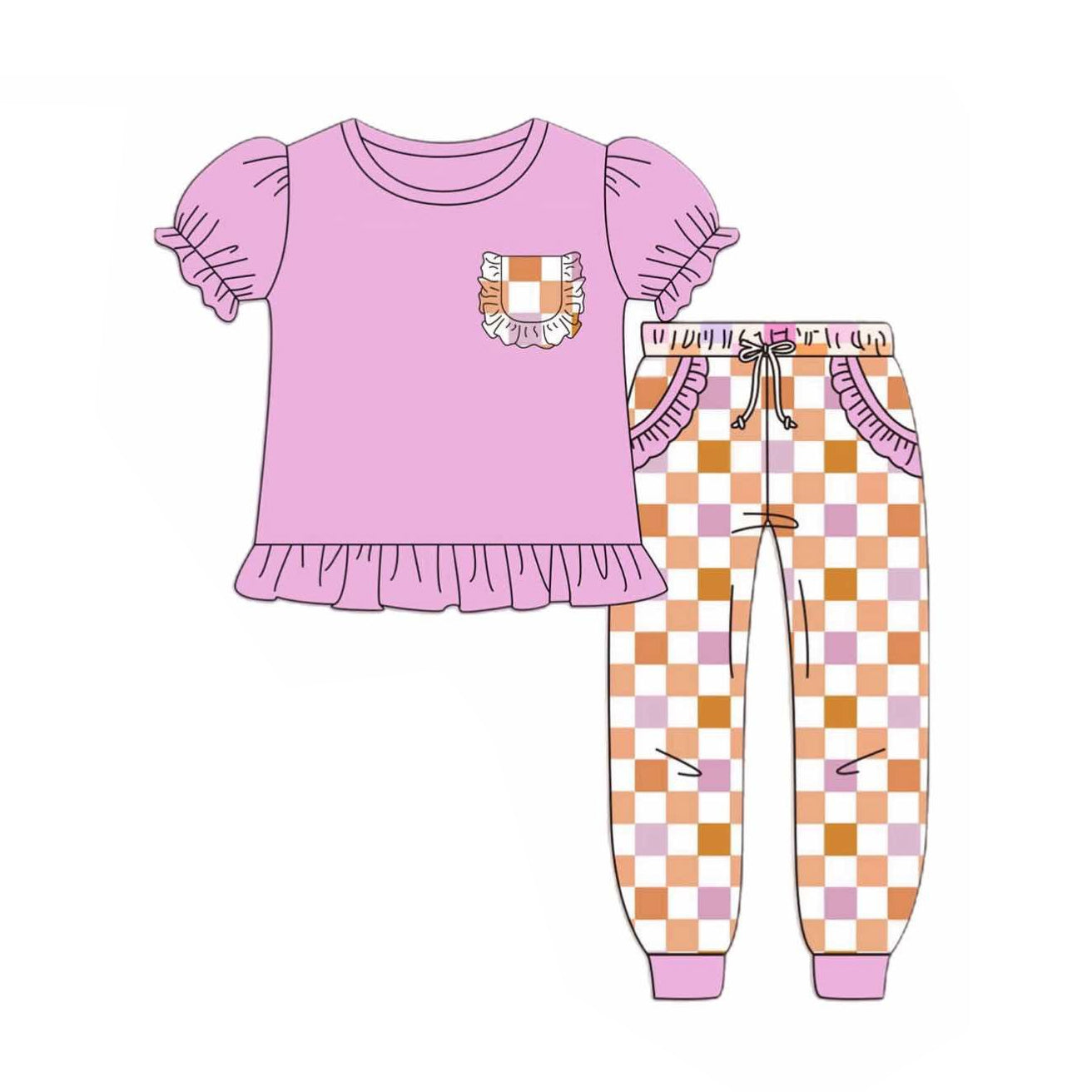 (Pre-order)GSPO2041 Pink Pocket Top Plaid Pants Girls Clothes Set