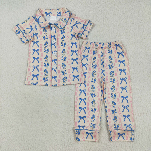 GSPO2050  Flowers Bows Blue Print Girls Buttons Pajamas Clothes Set