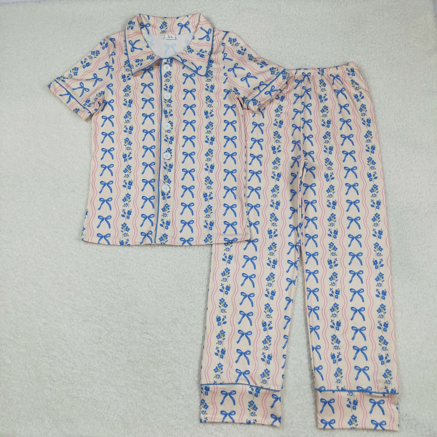 GSPO2051 Adult Flowers Bows Blue Print Woman Buttons Pajamas Clothes Set