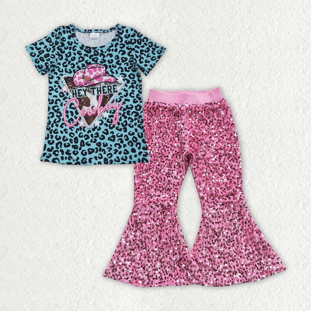 GSPO2053 Cowboy Leopard Top Pink Sequin Bell Pants Girls Clothes Set