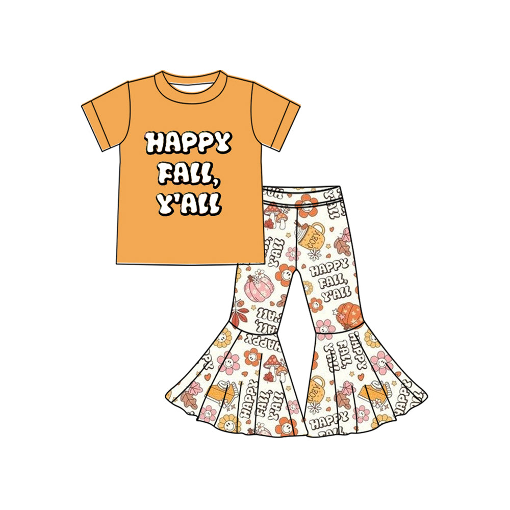 (Pre-order)GSPO2054 Fall Y'all Flowers Top Bell Pants Girls Clothes Set