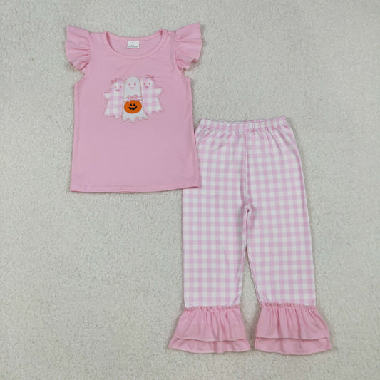 GSPO2058 Spooky Pumpkin Embroidery Pink Top Plaid Pants Girls Halloween Clothes Set