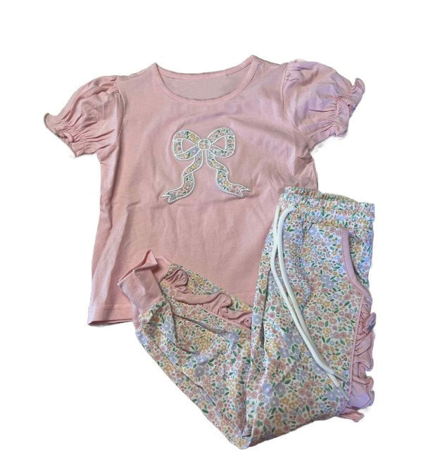 (Pre-order)GSPO2060 Bows Pink Top Flowers Pants Girls Clothes Set