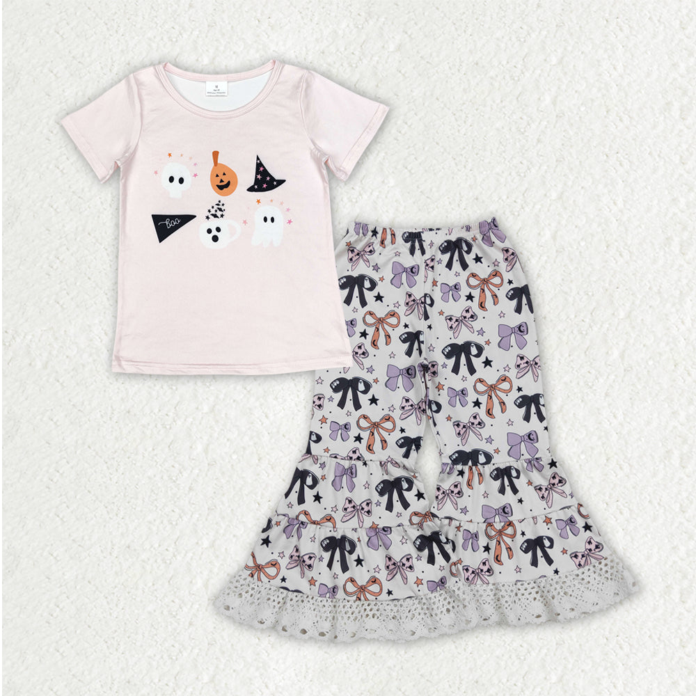 GSPO2065 Spooky Pumpkin Top Bows Bell Pants Girls Halloween Clothes Set