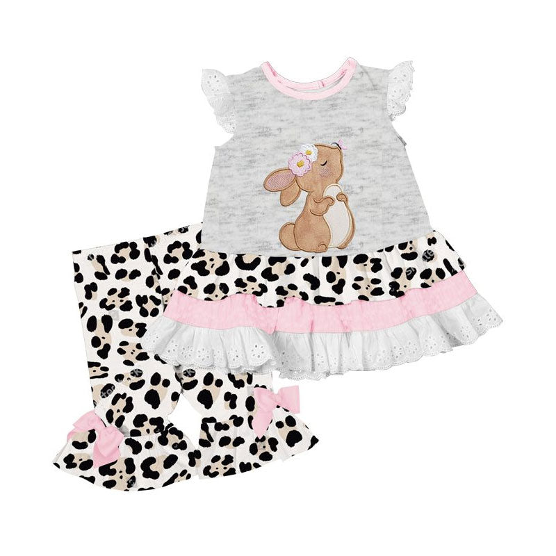 (Pre-order)GSPO2070 Bunny Ruffle Tunic Top Leopard Capri Pants Girls Easter Clothes Set