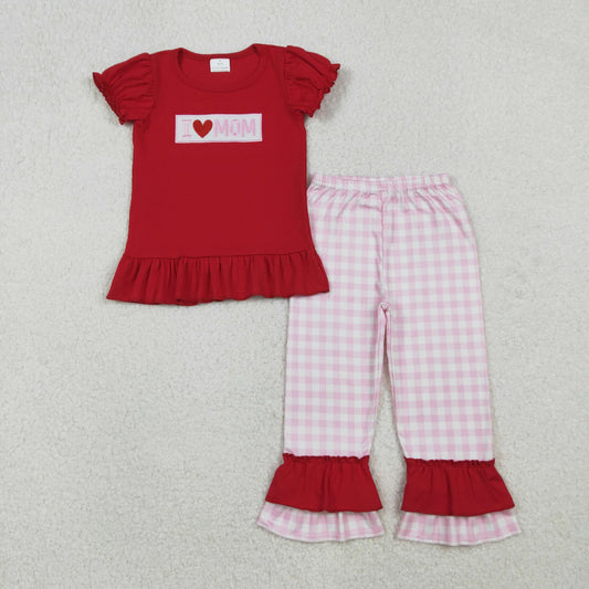 GSPO2071 I LOVE MOM Embroidery Red Top Plaid Pants Girls Clothes Set