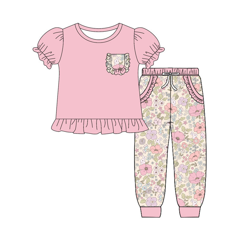(Pre-order)GSPO2077 Pink Pocket Top Colorful Flowers Pants Girls Clothes Set