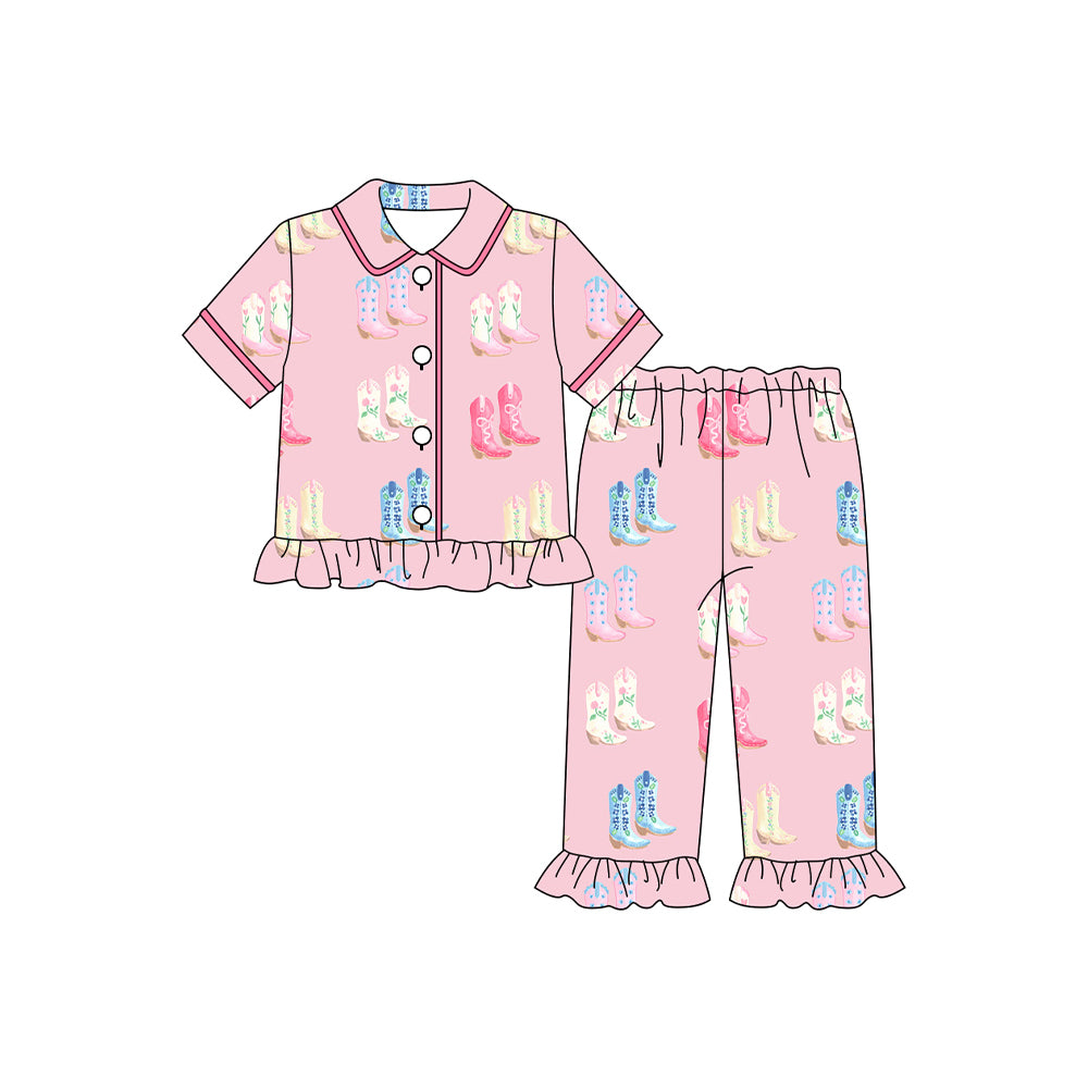 (Pre-order)GSPO2082 Boots Pink Print Girls Buttons Pajamas Clothes Set