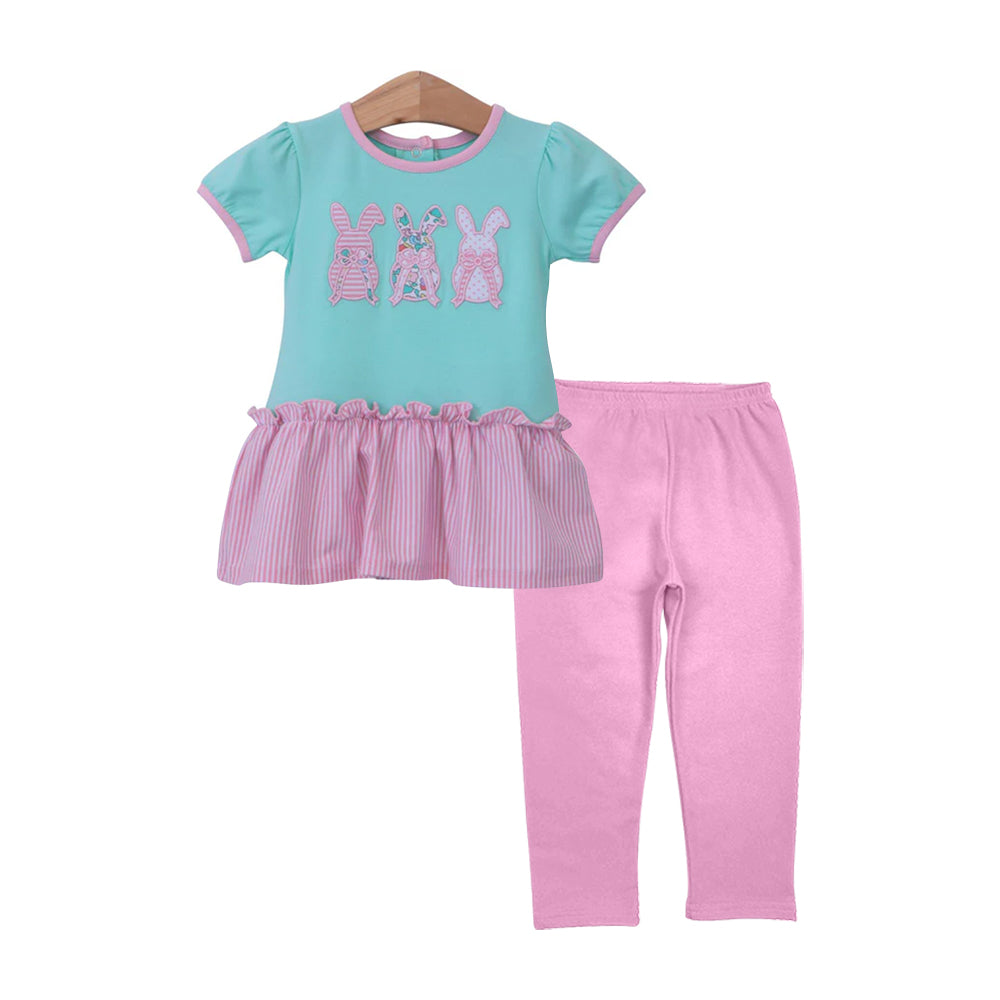 (Pre-order)GSPO2087 Bunny Bows Tunic Top Pink Pants Girls Easter Clothes Set