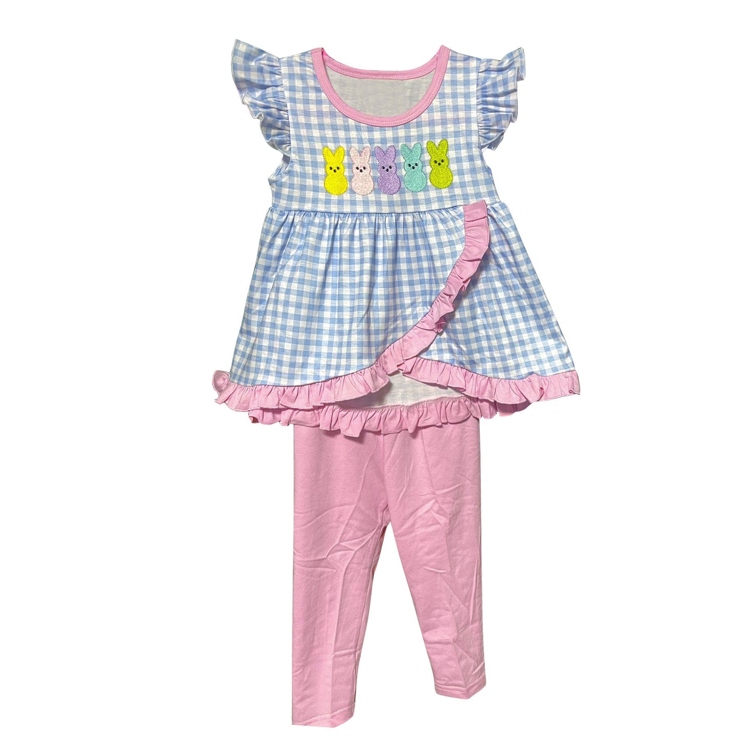 (Pre-order)GSPO2088 Bunny Blue Plaid Tunic Top Pink Pants Girls Easter Clothes Set