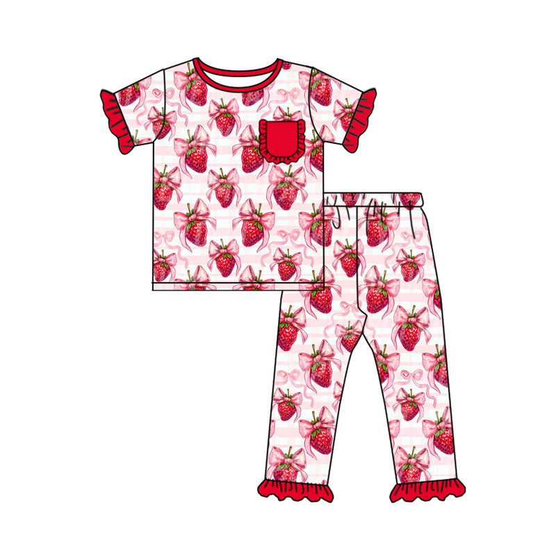 (Pre-order)GSPO2089 Strawberry Bows Print Girls Valentine's Day Pajamas Clothes Set