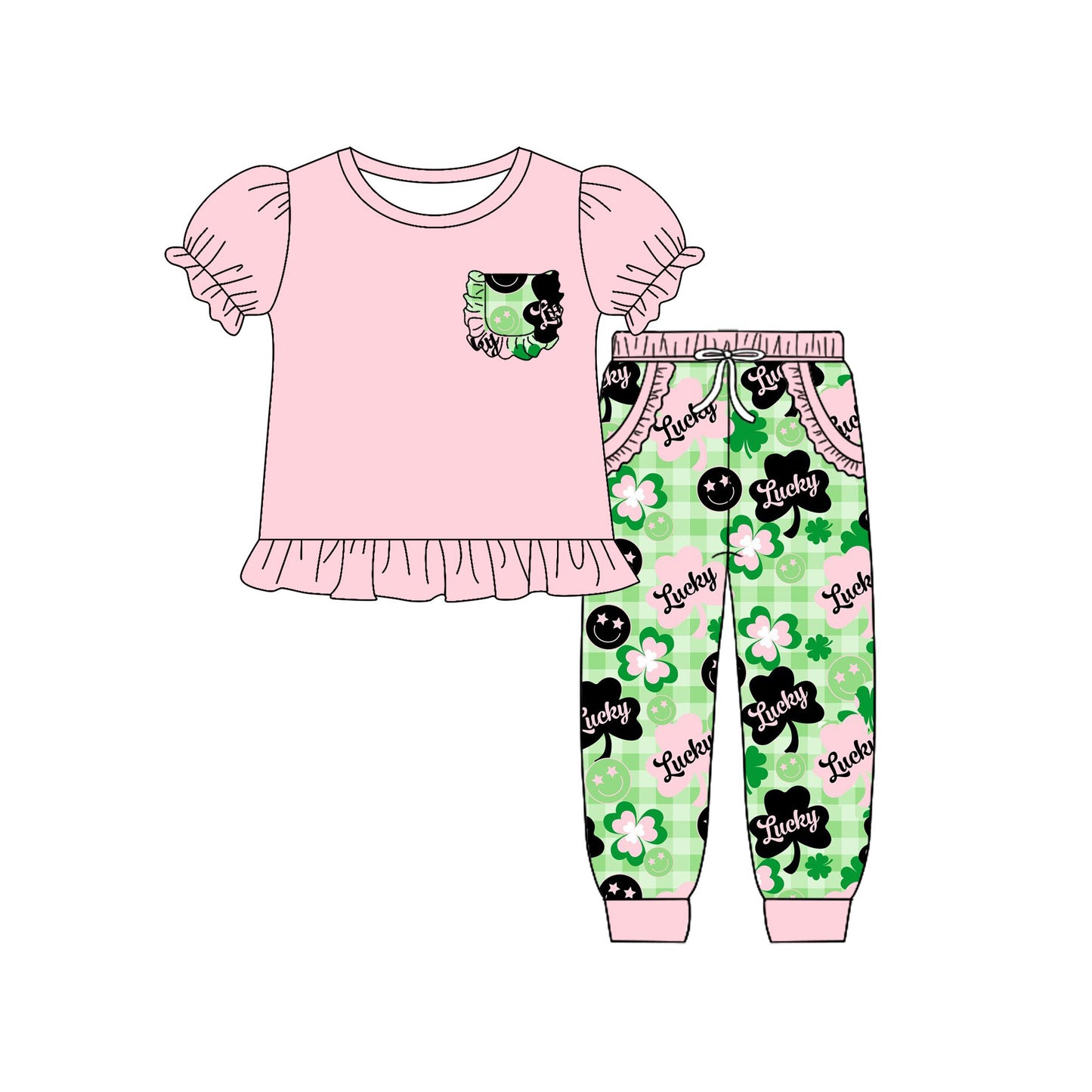 (Pre-order)GSPO2090 Pink Pocket Top Lucky Leaf Pink Plaid Pants Girls St. Patrick's Day Clothes Set