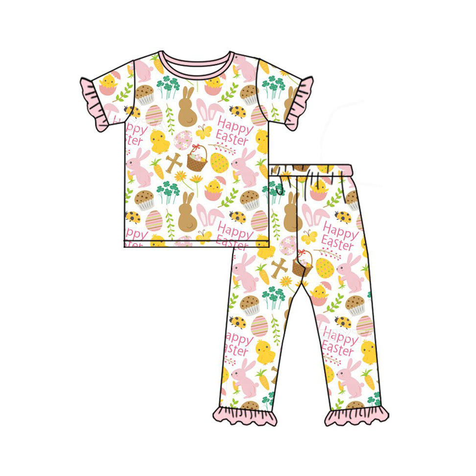 (Pre-order)GSPO2092 Bunny Eggs Print Girls Easter Pajamas Clothes Set
