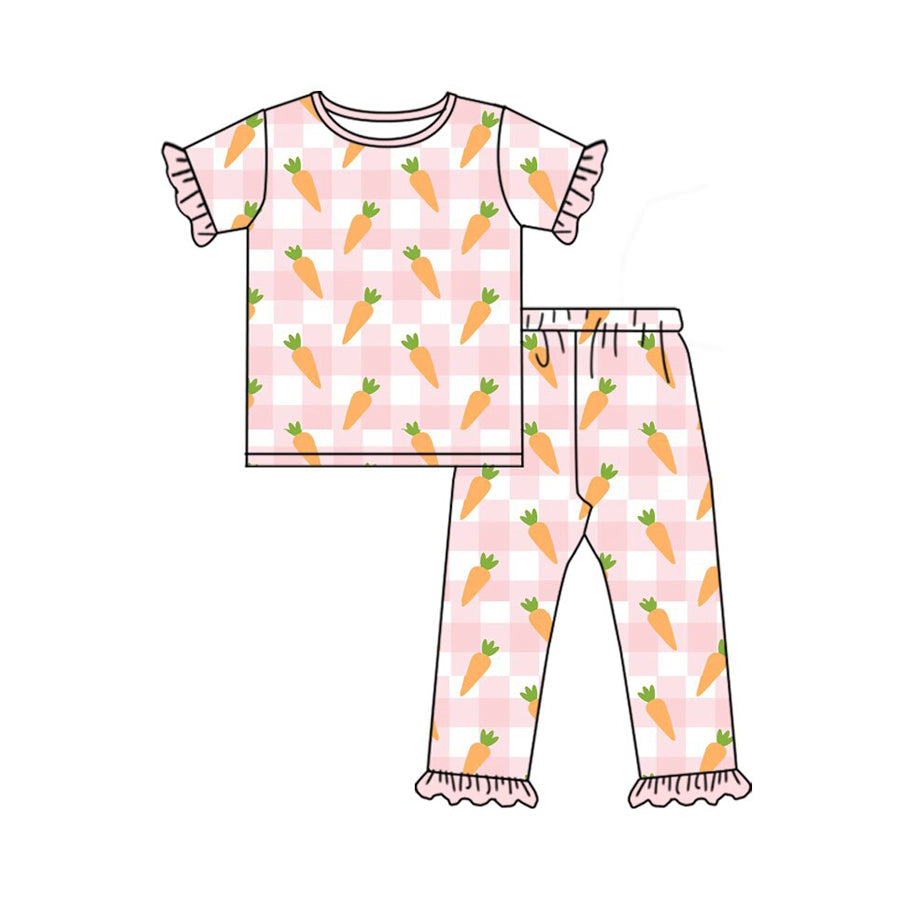 (Pre-order)GSPO2096 Carrot Plaid Pink Print Girls Easter Pajamas Clothes Set