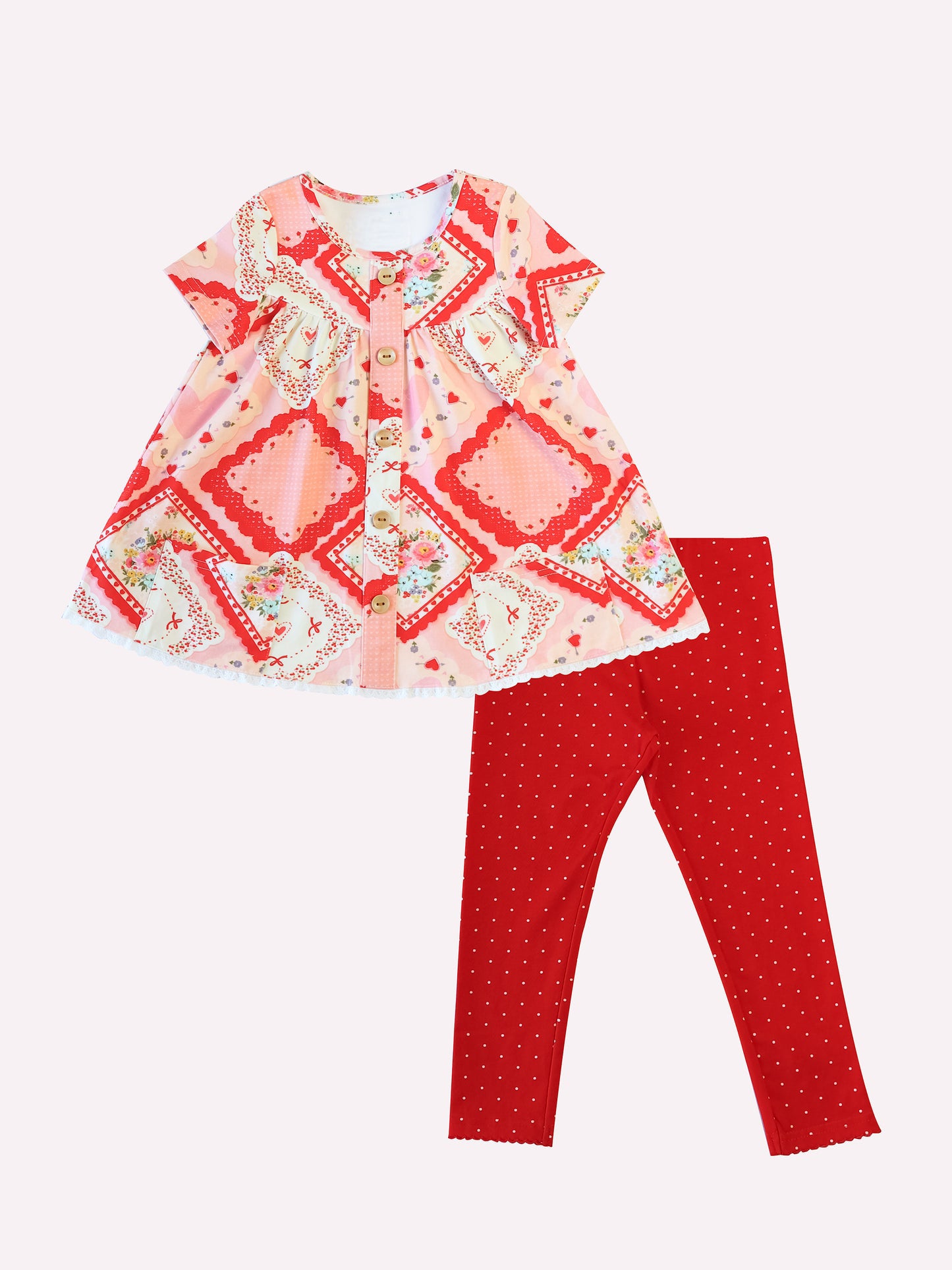 (Pre-order)GSPO2098 Flowers Heart Bows Tunic Top Red Pants Girls Valentine's Day Clothes Set