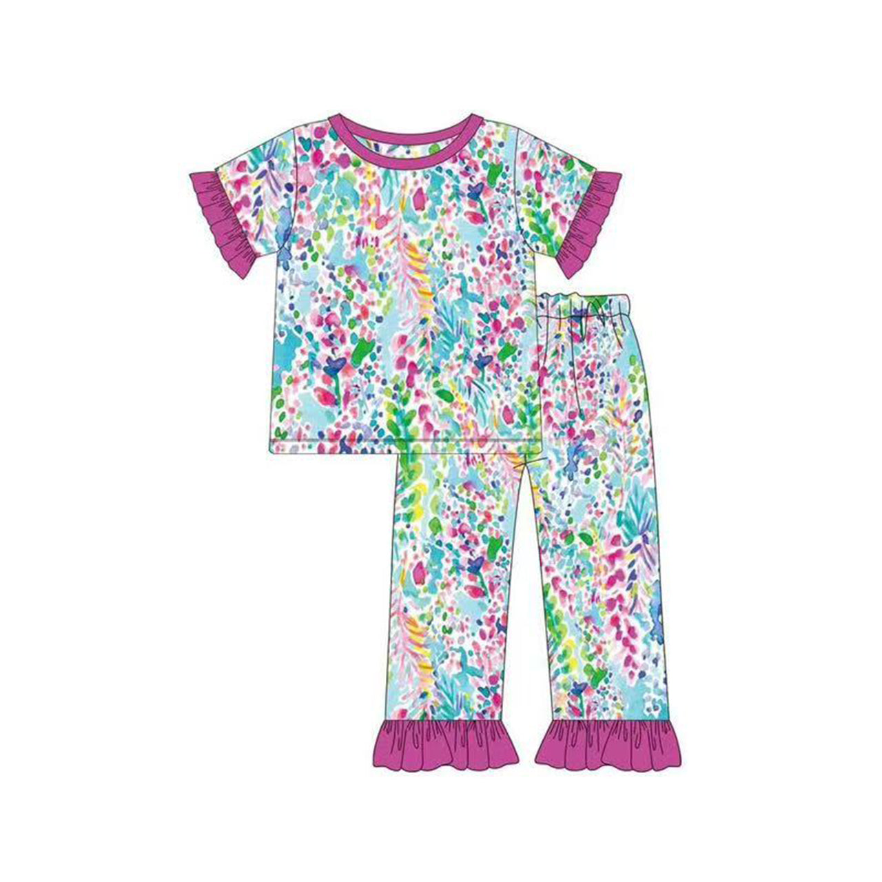 (Pre-order)GSPO2112 Seaweed Flowers Print Girls Pajamas Clothes Set