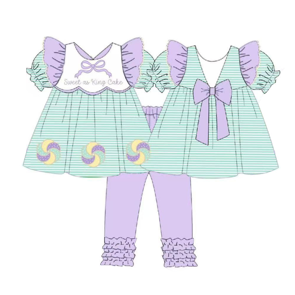 (Pre-order)GSPO2113 Sweet Cake Stripes Tunic Top Purple Pants Girls Mardi Gras Clothes Set