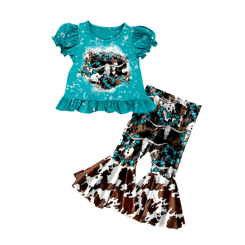 (Pre-order)GSPO2116 Cow Skull Turquoise Top Bell Pants Girls Western Clothes Set