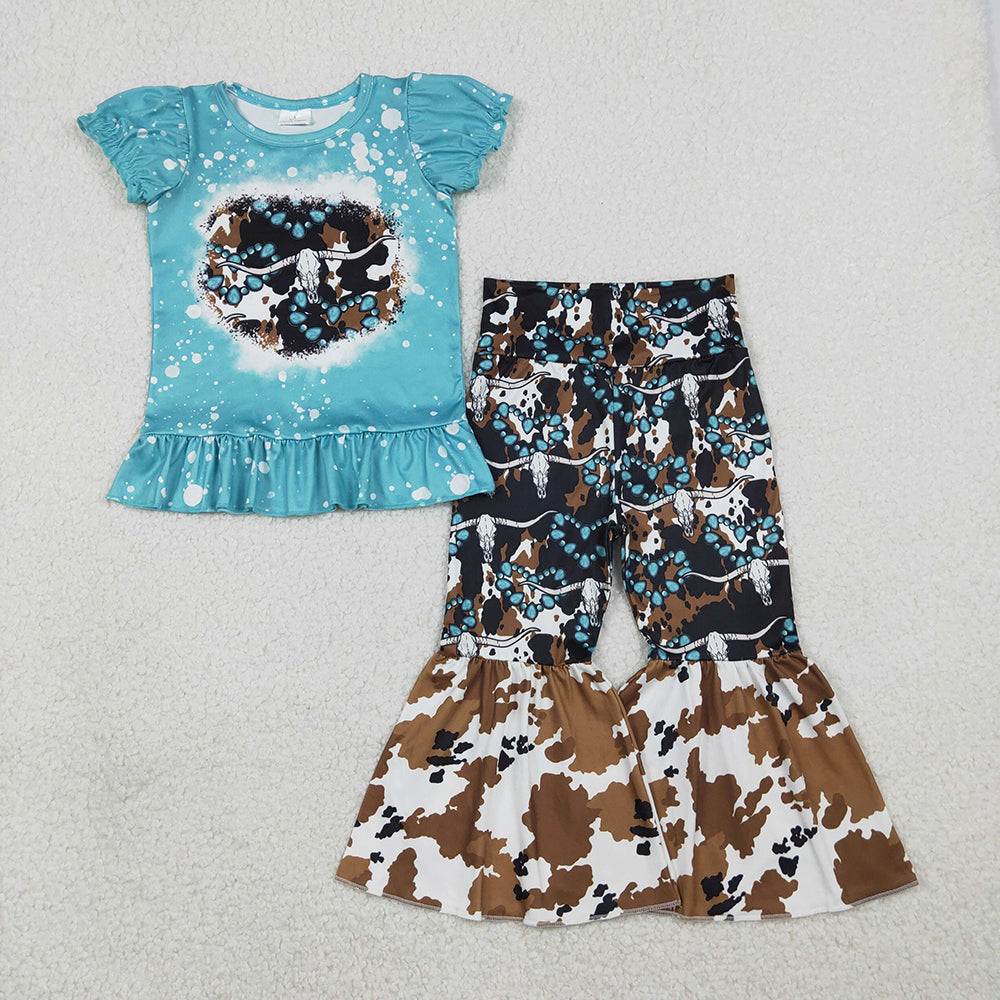 GSPO2116 Cow Skull Turquoise Top Bell Pants Girls Western Clothes Set