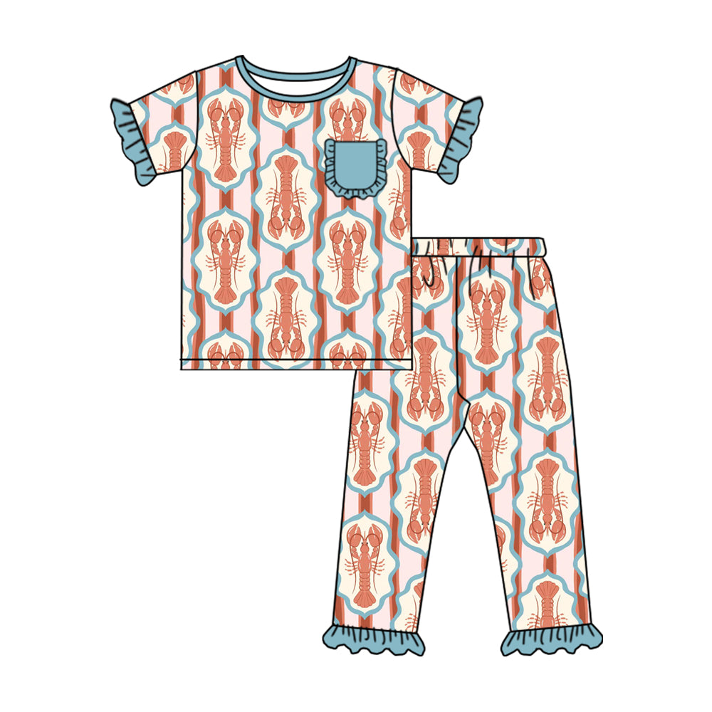 (Pre-order)GSPO2118 Crayfish Stripes Print Girls Pajamas Clothes Set