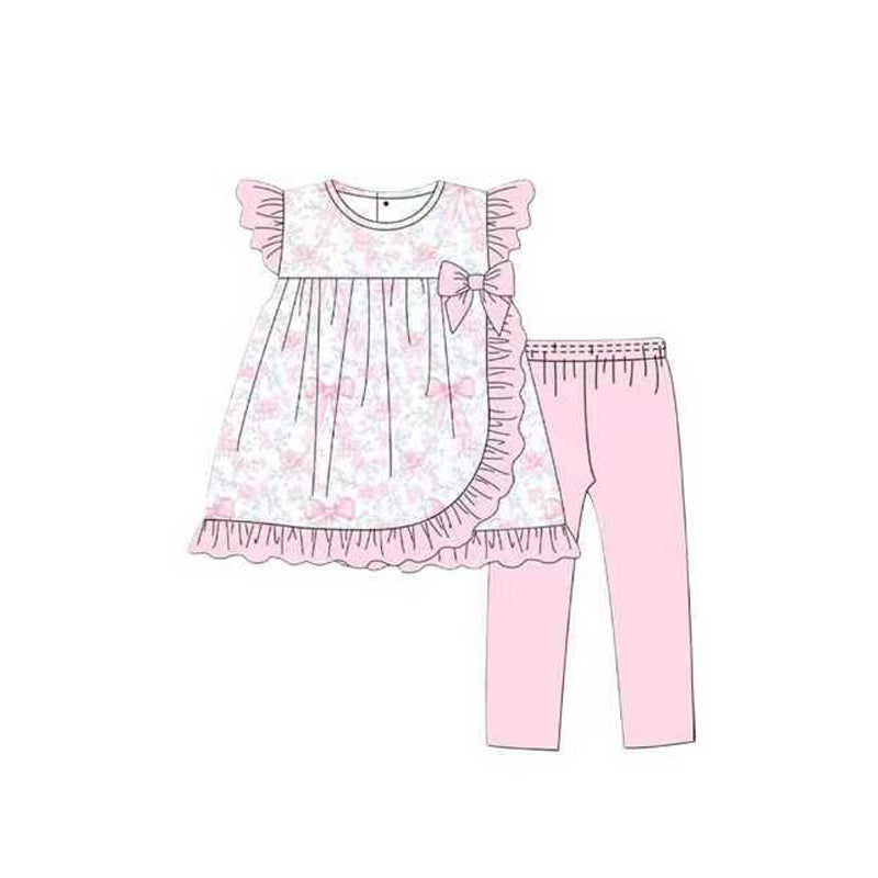 (Pre-order)GSPO2119 Flowers Bows Tunic Top Pink Pants Girls Clothes Set