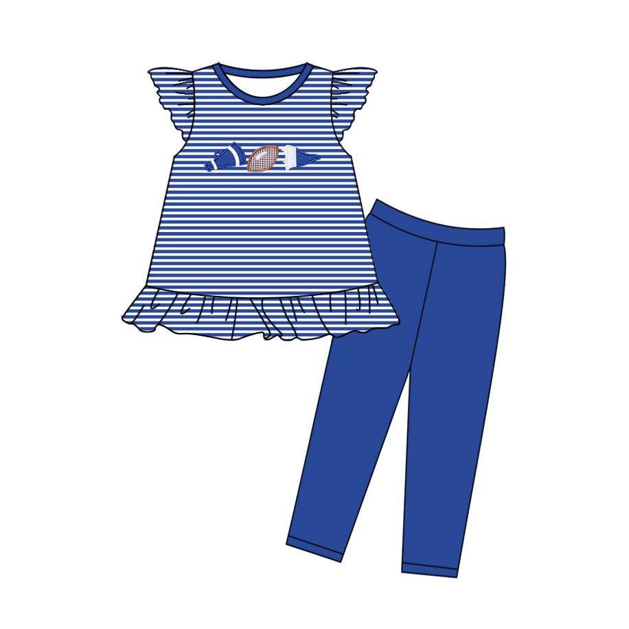 (Pre-order)GSPO2132 Footbal Cheer Stripes Tunic Top Blue Legging Pants Girls Clothes Set