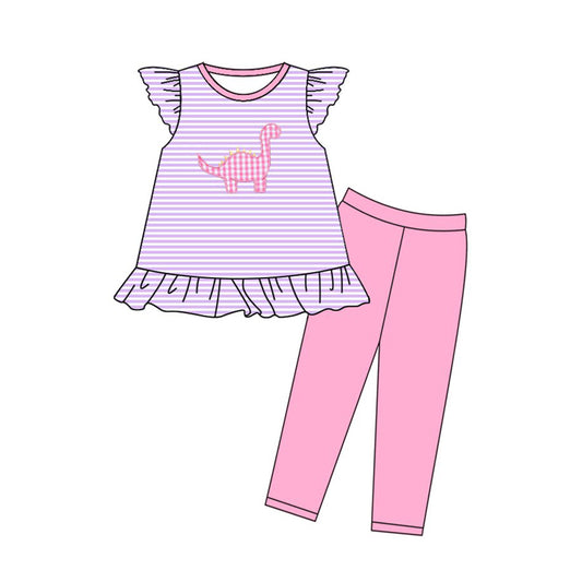 (Pre-order)GSPO2138 Dino Purple Stripes Tunic Top Pink Pants Girls Clothes Set