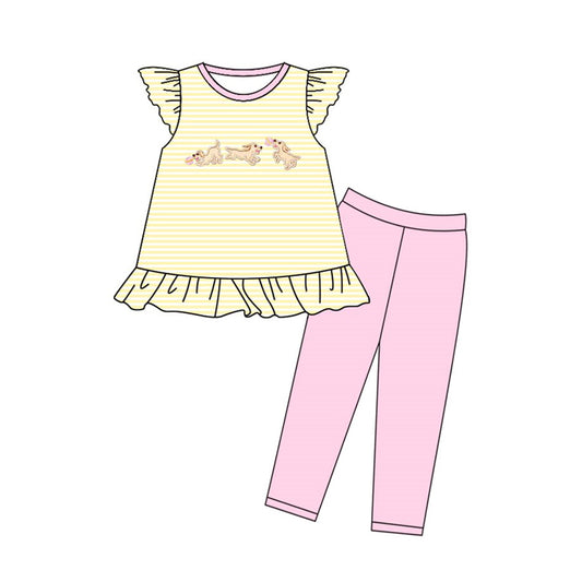 (Pre-order)GSPO2140 Puppy Yellow Stripes Tunic Top Pink Pants Girls Clothes Set