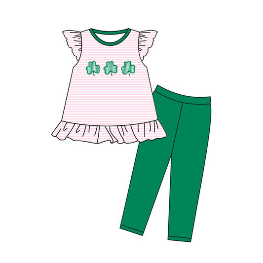 (Pre-order)GSPO2141 Leaf Pink Stripes Tunic Top Green Pants Girls St. Patrick's Day Clothes Set
