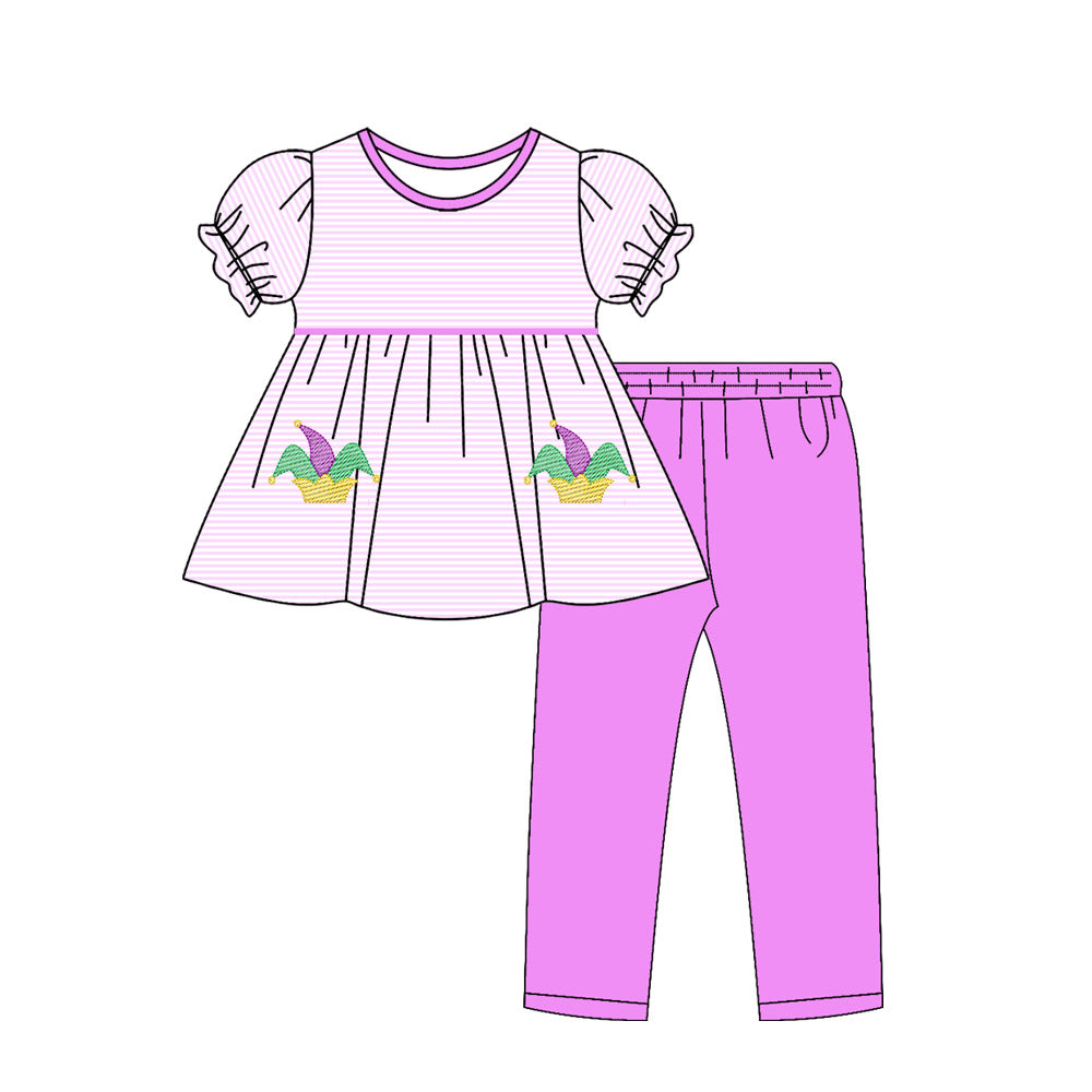 (Pre-order)GSPO2142 Hat Stripes Tunic Top Hot Pink Pants Girls Mardi Gras Clothes Set