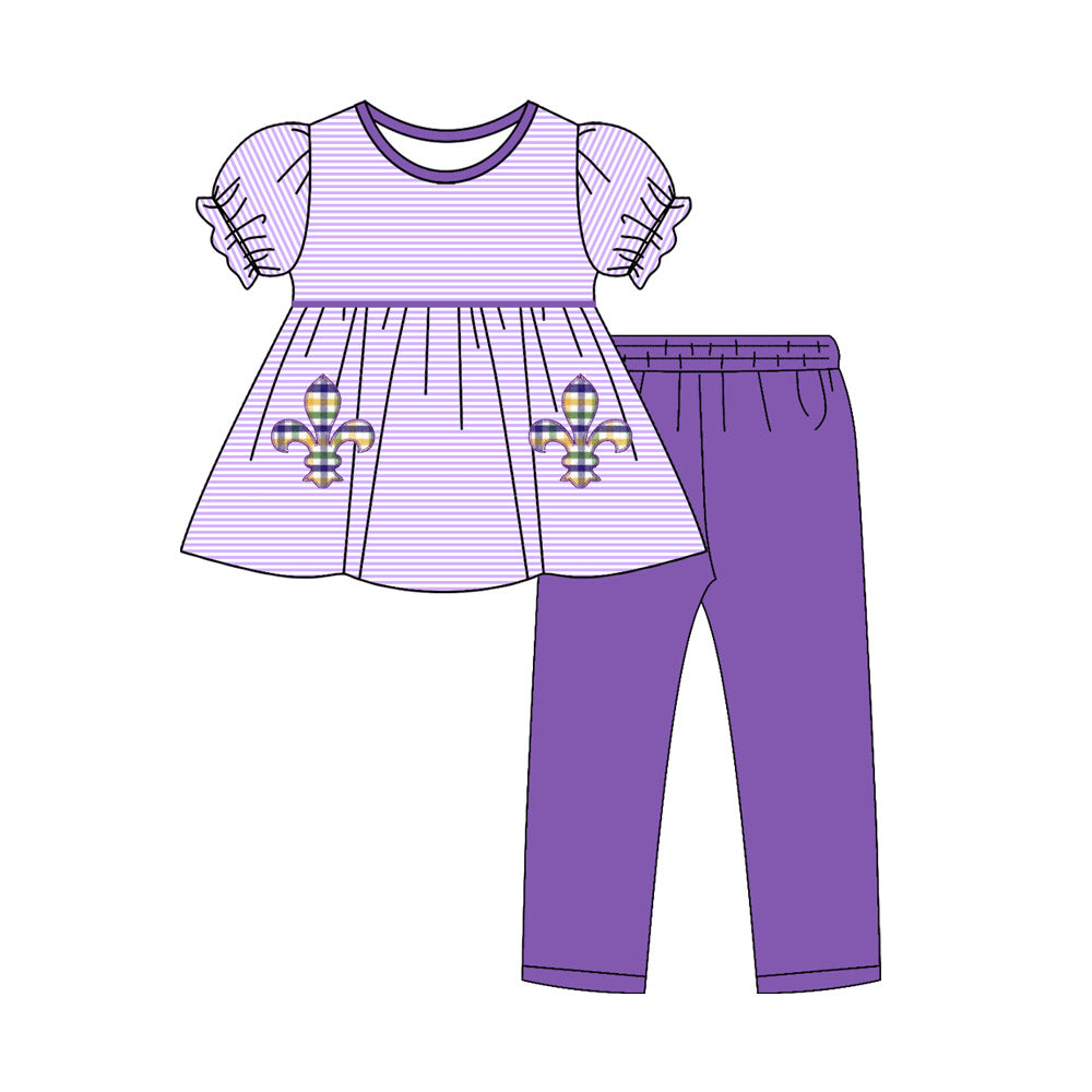 (Pre-order)GSPO2143 Anchor Stripes Tunic Top Purple Pants Girls Mardi Gras Clothes Set