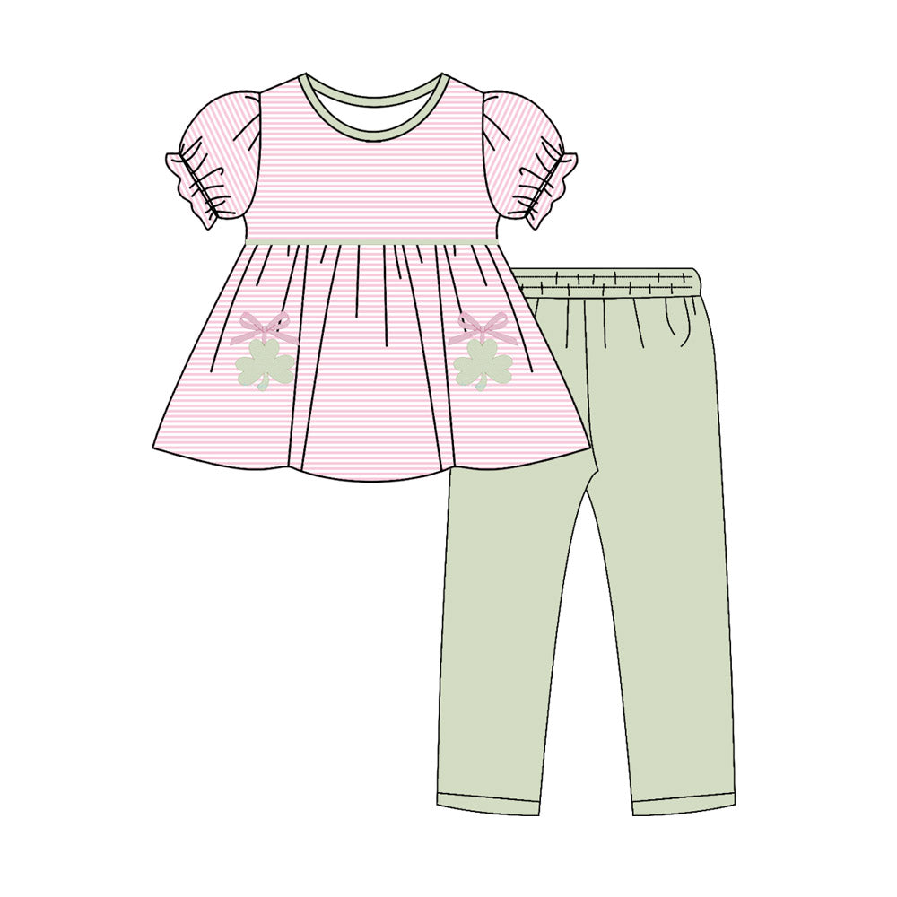 (Pre-order)GSPO2144 Leaf Pink Stripes Tunic Top Green Pants Girls St. Patrick's Day Clothes Set