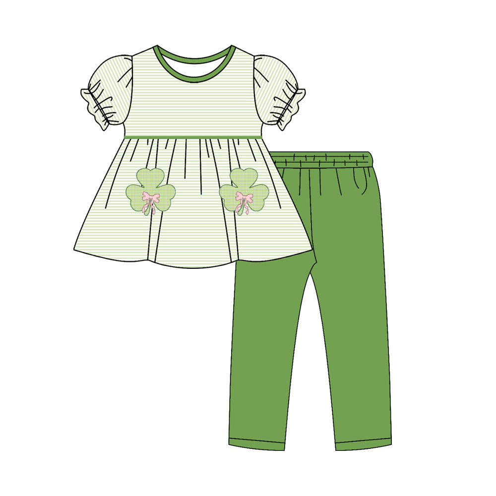 (Pre-order)GSPO2145 Leaf Stripes Tunic Top Green Pants Girls St. Patrick's Day Clothes Set