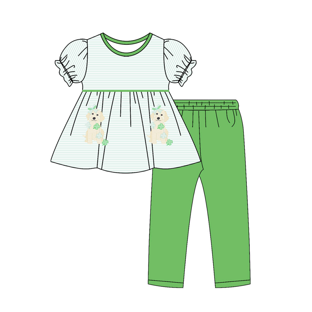 (Pre-order)GSPO2146 Puppy Leaf Stripes Tunic Top Green Pants Girls St. Patrick's Day Clothes Set