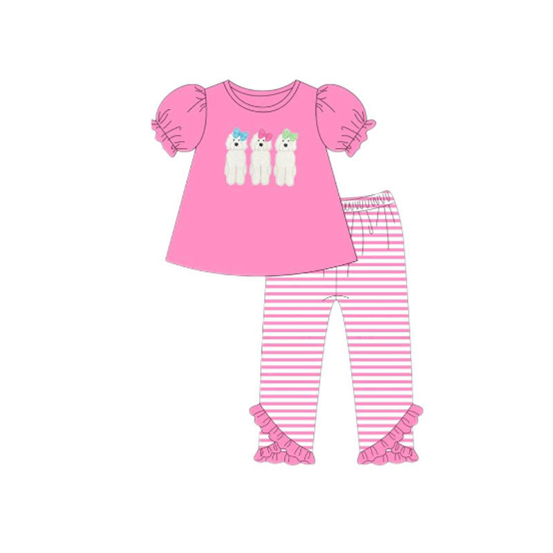 (Pre-order)GSPO2147 Puppy Pink Top Stripes Pants Girls Clothes Set