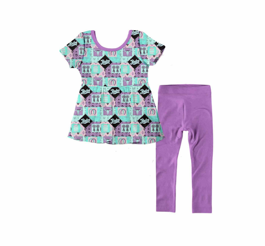 (Pre-order)GSPO2148 Rodeo Cow Skull Aztec Tunic Top Purple Pants Girls Western Clothes Set