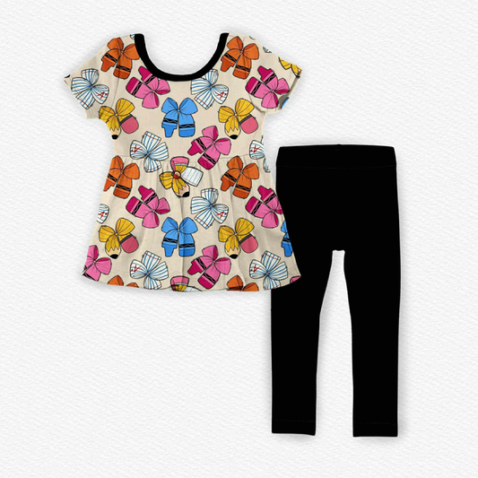 (Pre-order)GSPO2149 Colorful Bows Pen Tunic Top Black Pants Girls Back to School Clothes Set