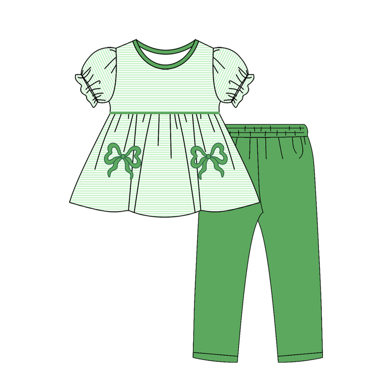 (Pre-order)GSPO2154 Bows Stripes Tunic Top Green Pants Girls Clothes Set