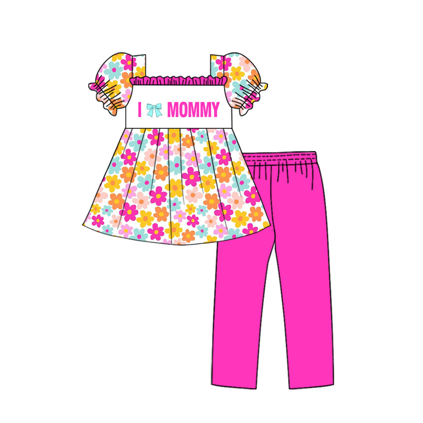 (Pre-order)GSPO2157 I LOVE MOMMY Colorful Flowers Tunic Top Pink Pants Girls Clothes Set