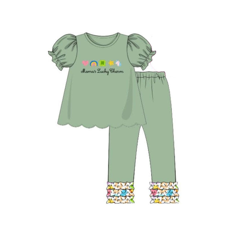 (Pre-order)GSPO2208 MAMA'S Lucky Charm Tunic Top Ruffle Pants Girls St. Patrick's Day Clothes Set