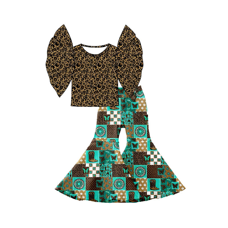 (Pre-order)GSPO2211 Leopard Top Turquoise Plaid Bell Pants Girls Clothes Set